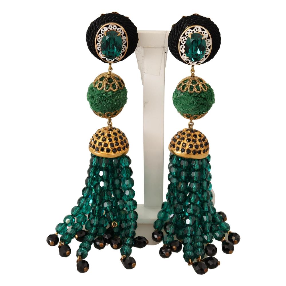 Dolce  Gabbana Green Crystals Gold Tone Drop Clip-on Dangle Earrings2