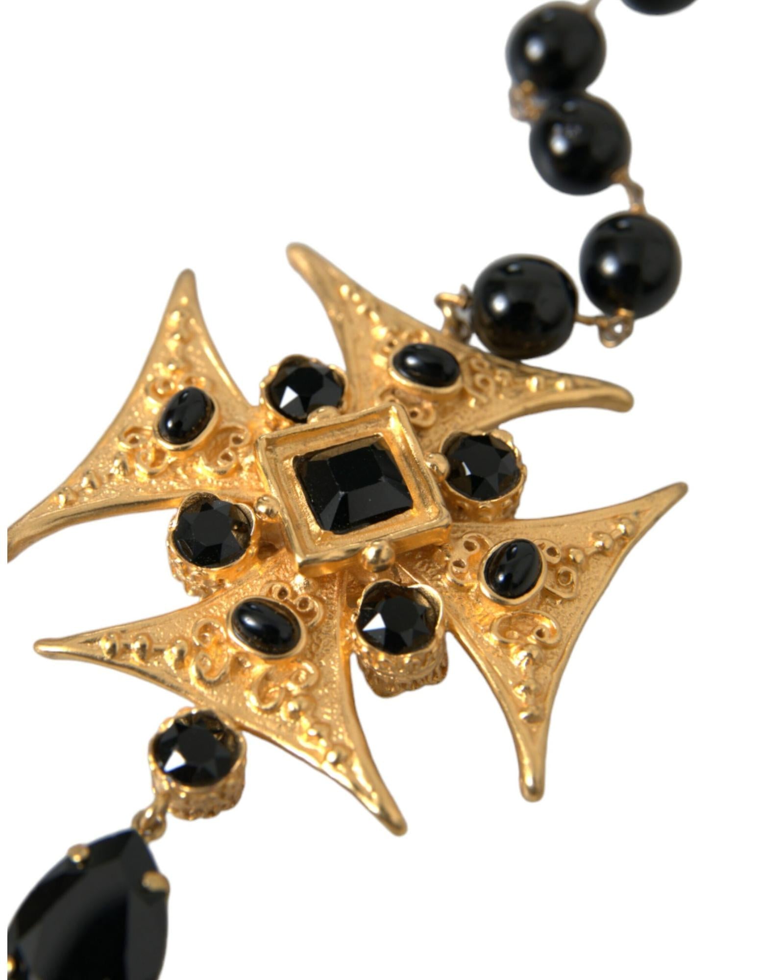 Dolce & Gabbana  Black Bead Necklace with Gold Cross Pendant