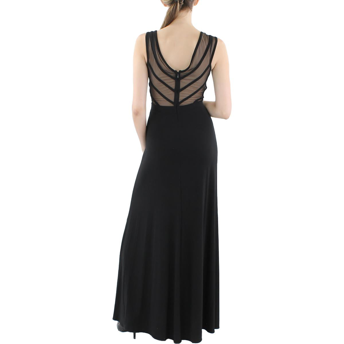 Womens Mesh-Sleeves Long Evening Dress