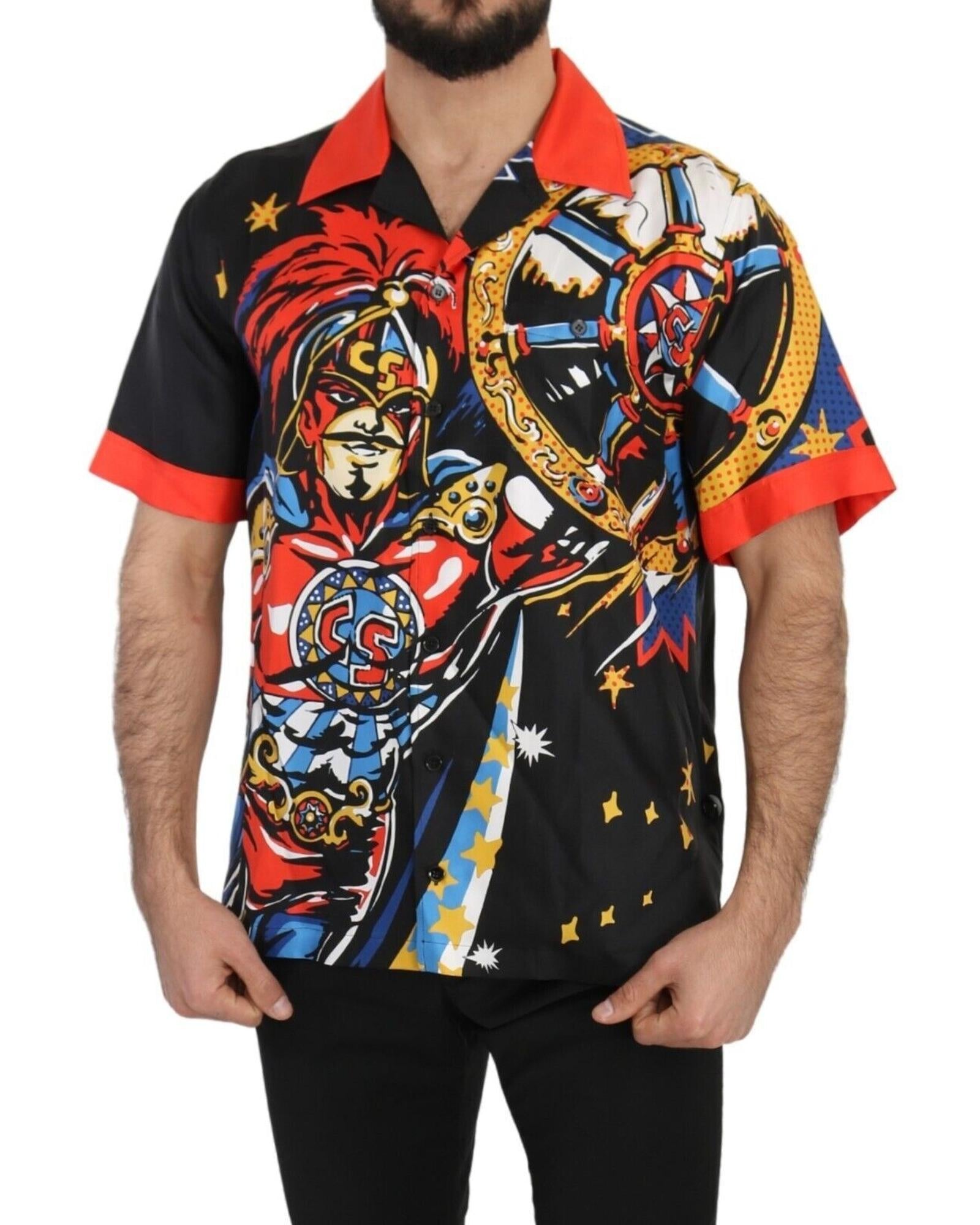 Dolce & Gabbana  Men's Black Short Sleeve Silk Shirt with Colorful Print