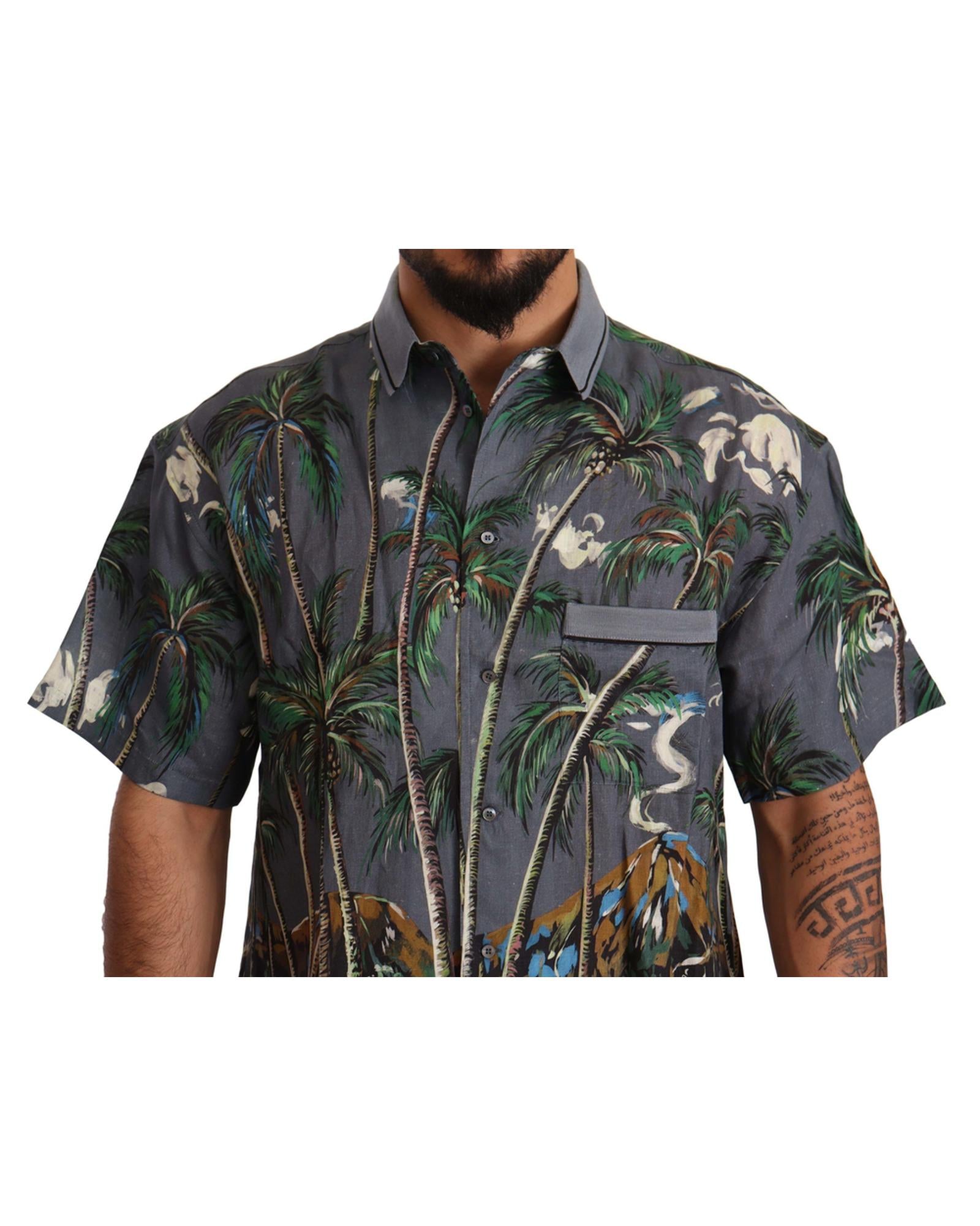 Dolce & Gabbana  Men's Palm Tree Print Short Sleeve Silk Shirt