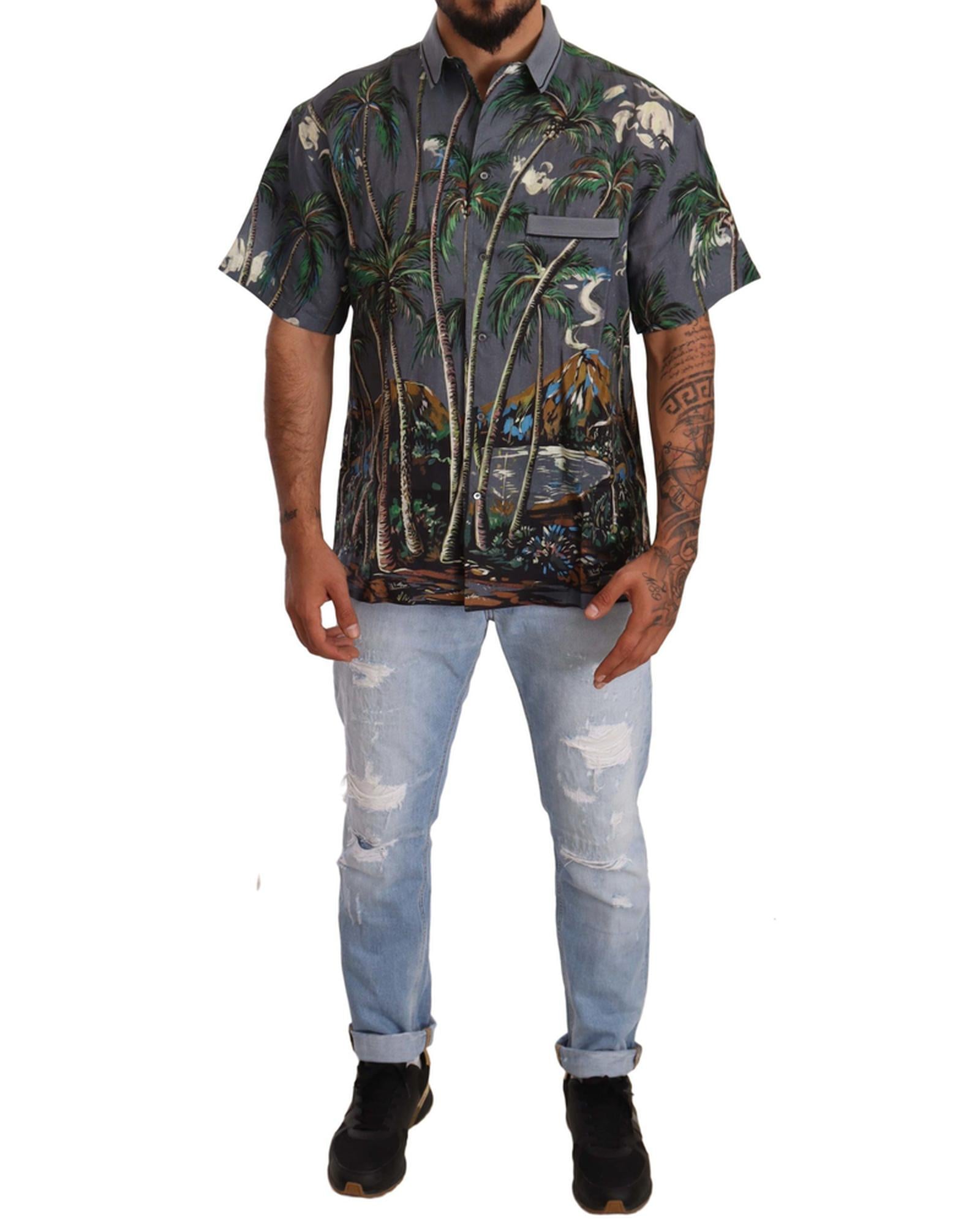 Dolce & Gabbana  Men's Palm Tree Print Short Sleeve Silk Shirt