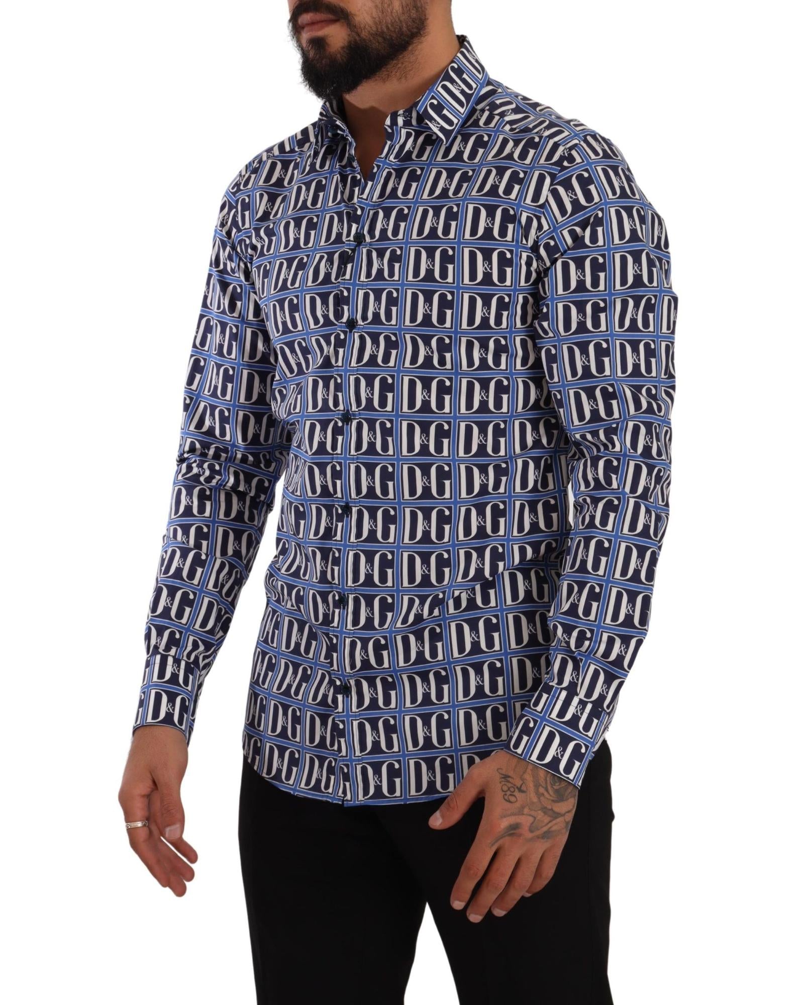 Dolce & Gabbana  Men's Blue DG All Over Logo Print Long Sleeve Shirt