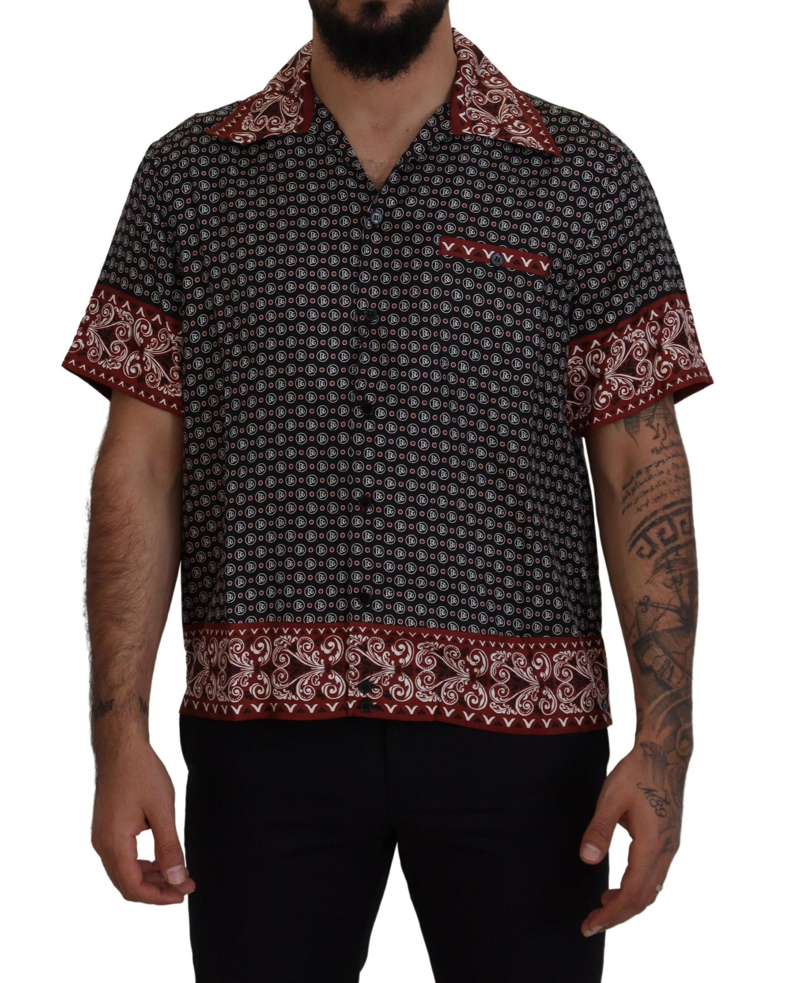 Dolce & Gabbana  Men's Short Sleeve Silk Shirt DG Pattern Black