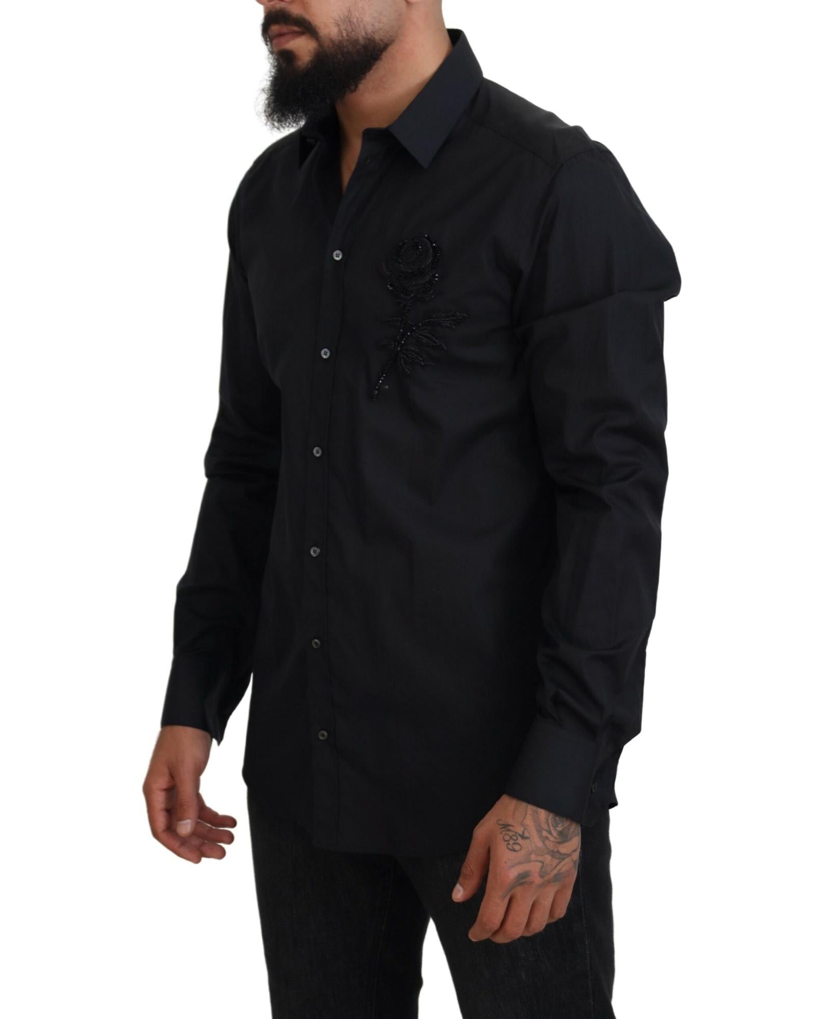 Dolce & Gabbana  Men's Rose Embroidered Long Sleeve Shirt Black