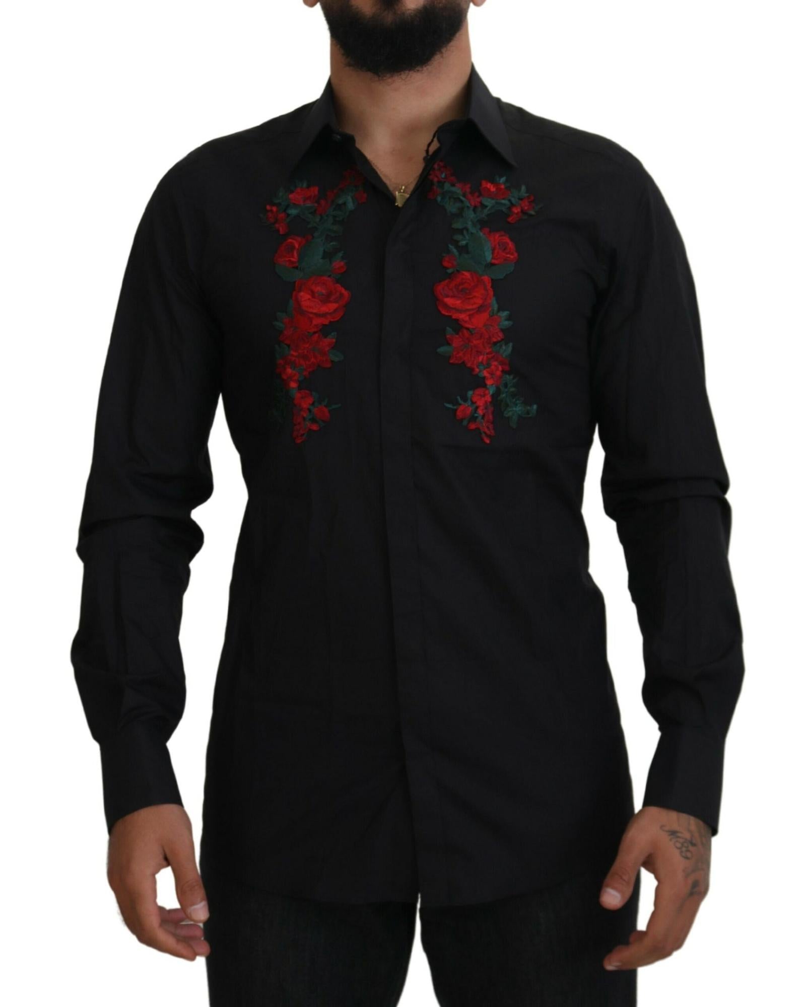 Dolce & Gabbana  Men's Rose Embroidery Long Sleeve Shirt Black