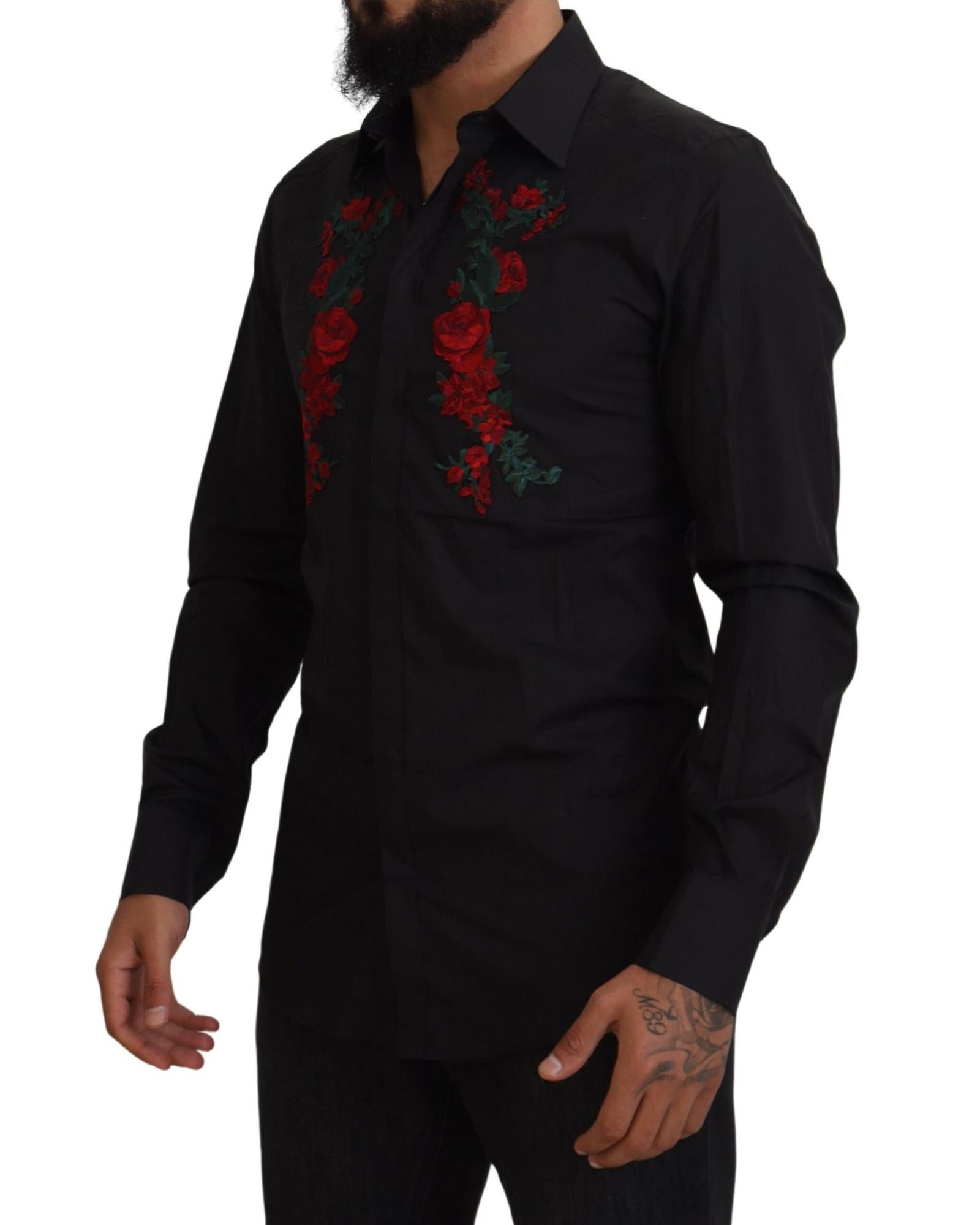 Dolce & Gabbana  Men's Rose Embroidery Long Sleeve Shirt Black