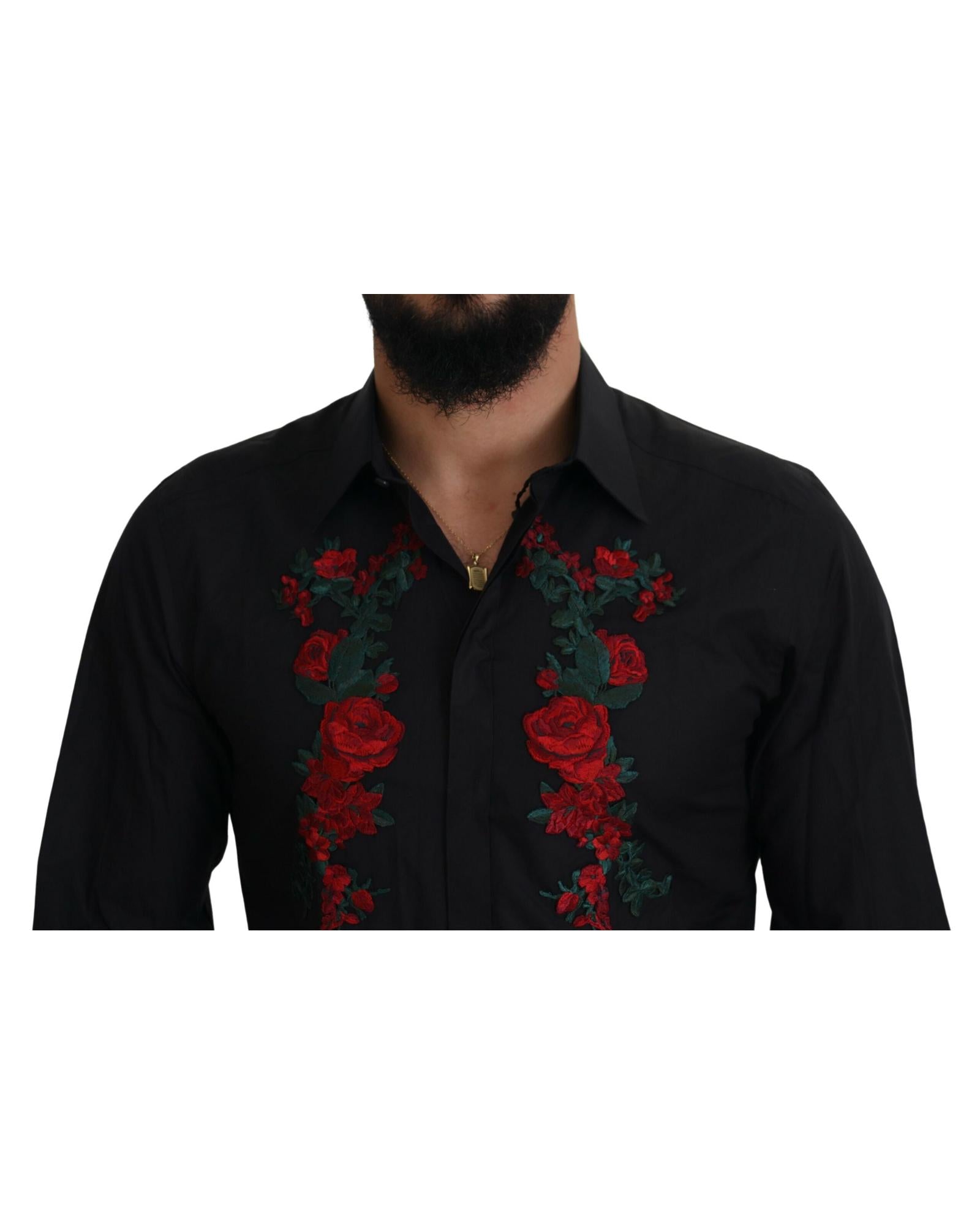 Dolce & Gabbana  Men's Rose Embroidery Long Sleeve Shirt Black