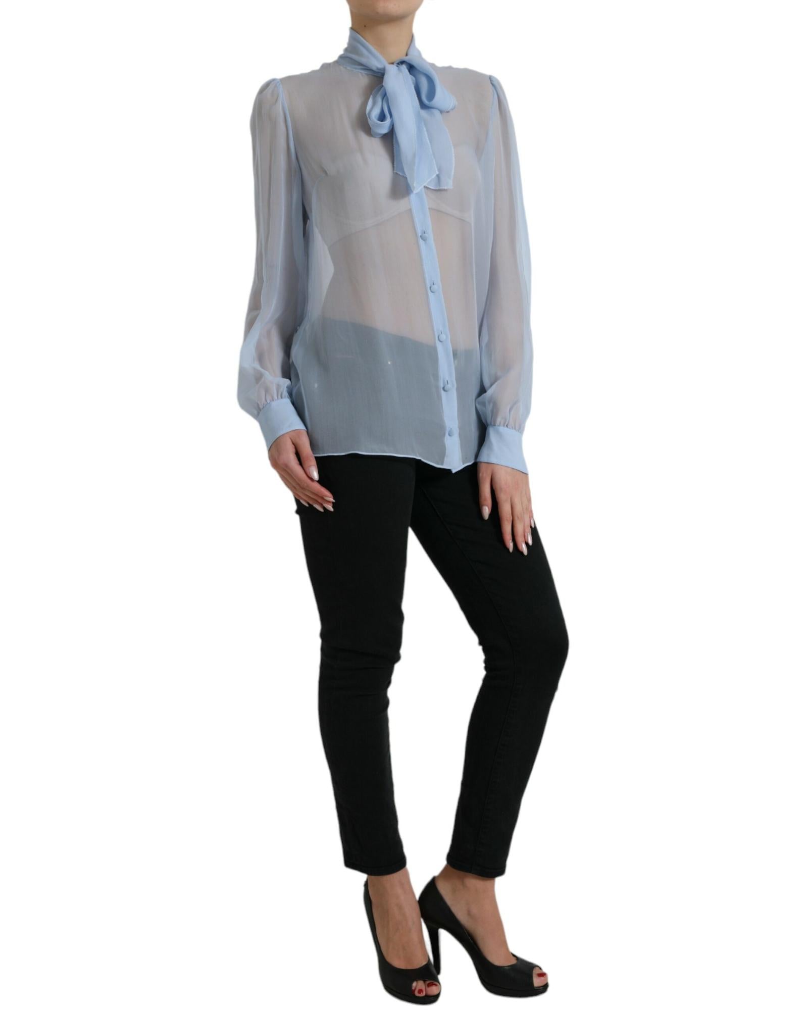 Dolce & Gabbana  Women's Light Blue Silk Tie Neck Blouse