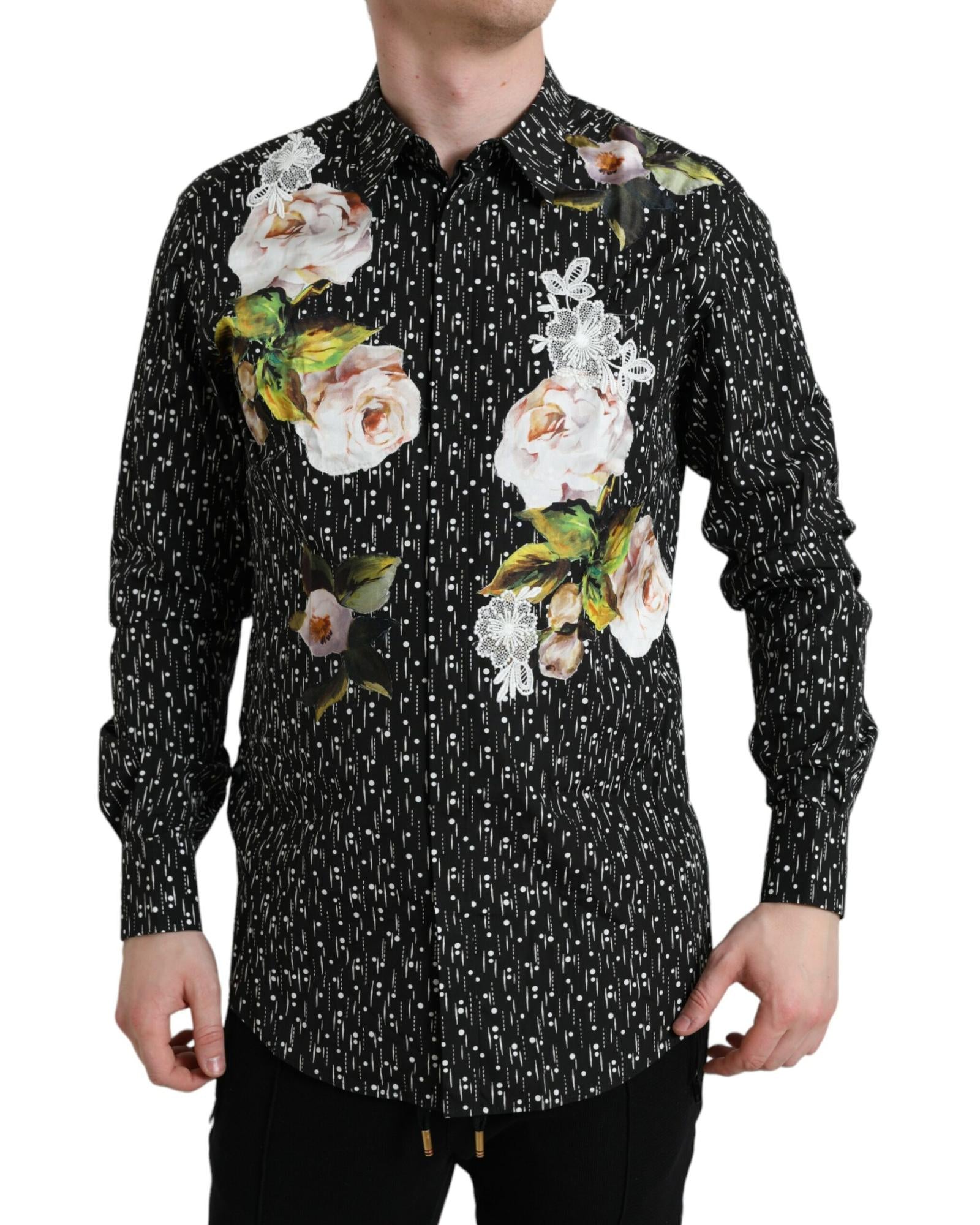 Dolce & Gabbana  Men's Floral Print Silk Shirt with Lace Appliques