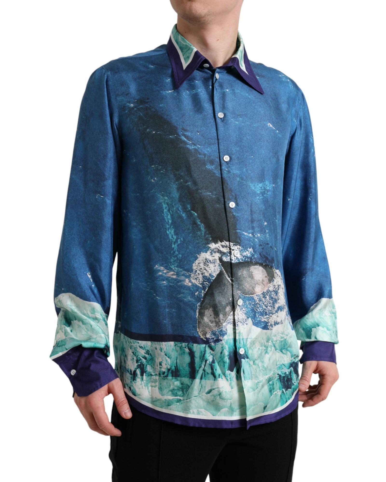 Dolce & Gabbana Ocean Print Silk Collared Button Down Shirt