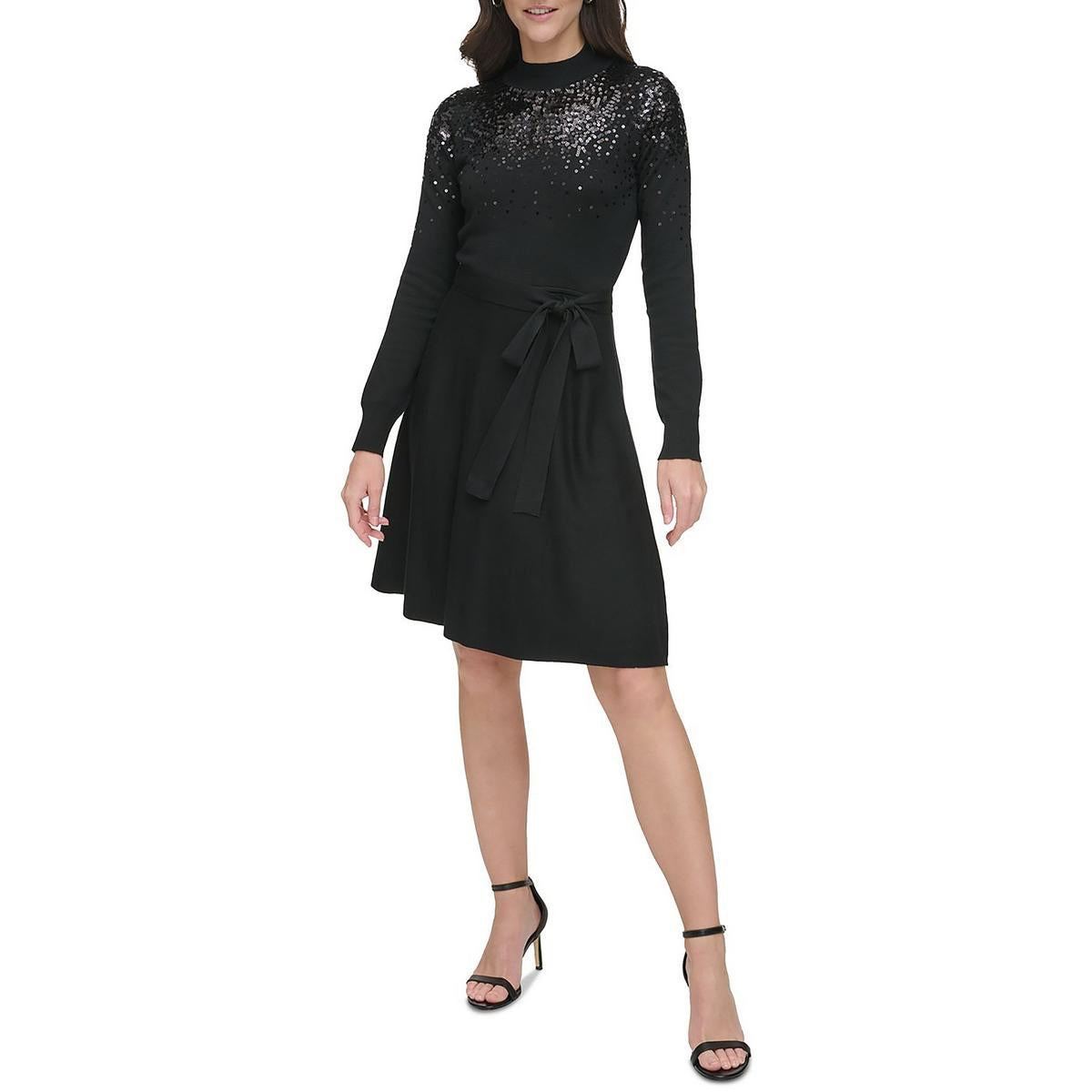 Womens Embellishments Turtleneck Fit & Flare Dress