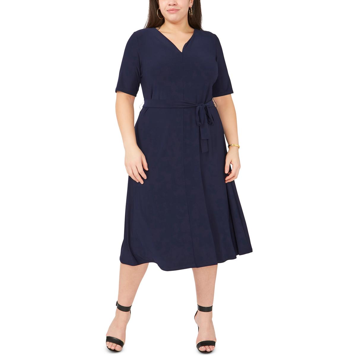 Plus Womens V-Neck Short Sleeve Midi Dress