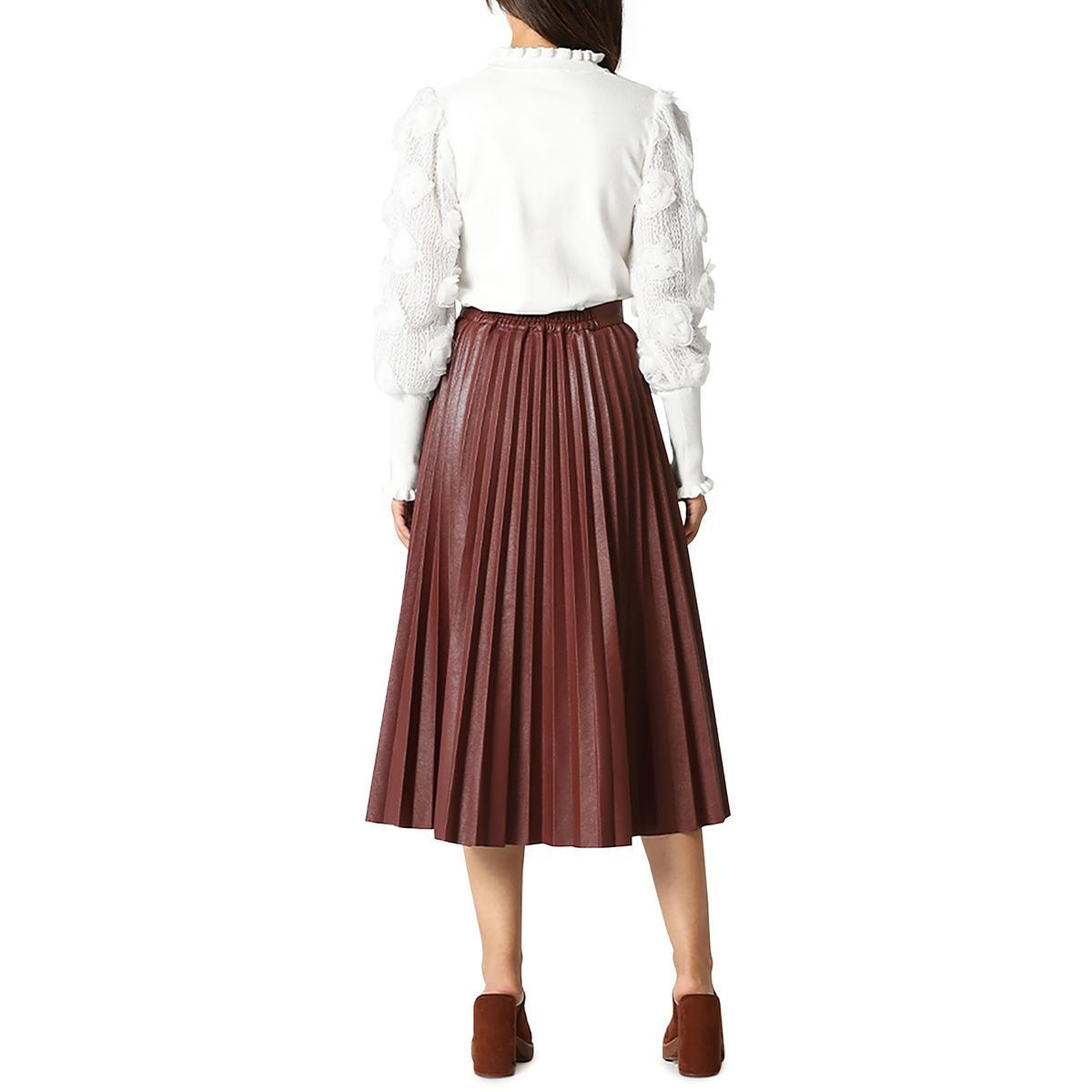 Womens Faux Leather Long Pleated Skirt