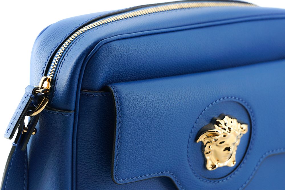 Versace Elegant Blue Calf Leather Camera Case Women's Bag