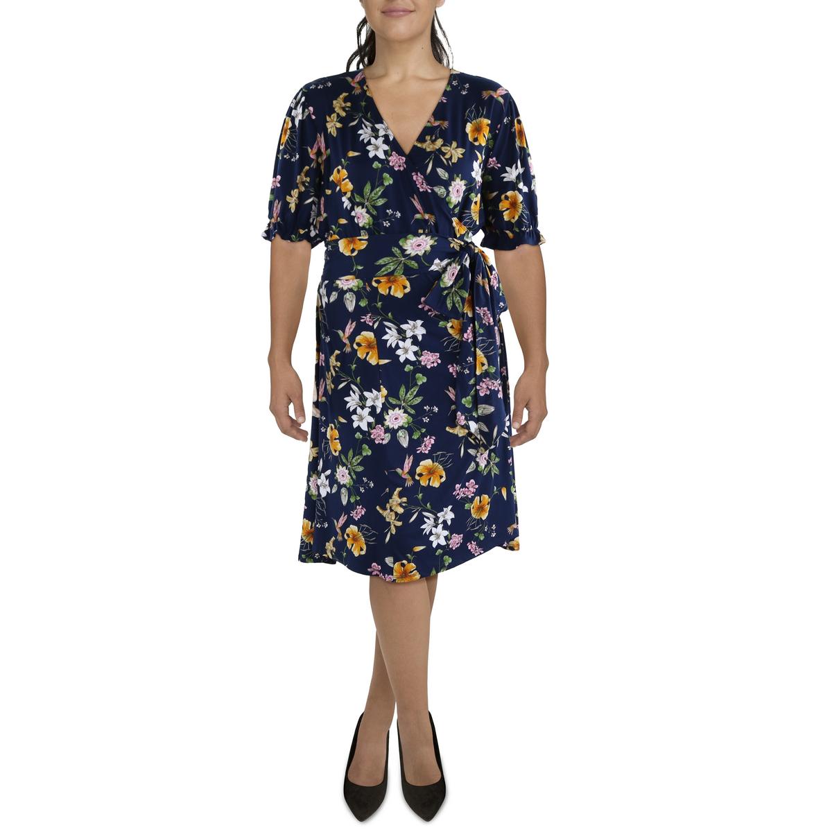 Plus Womens Floral Knee-Length Wrap Dress