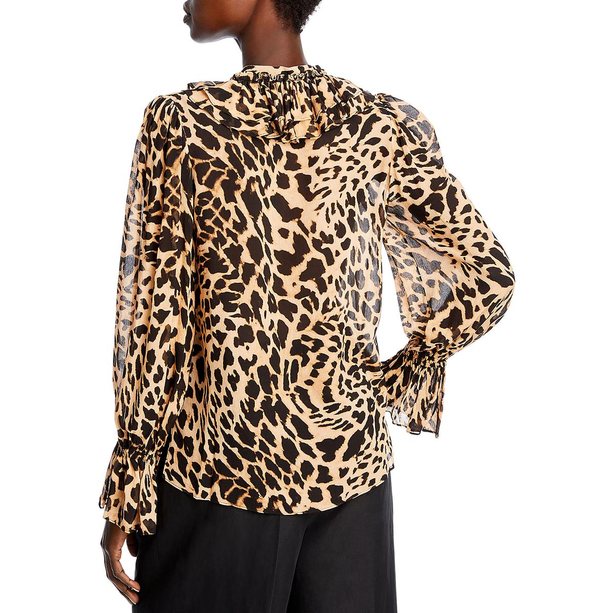 Womens Animal Print Lace Up Neckline Blouse