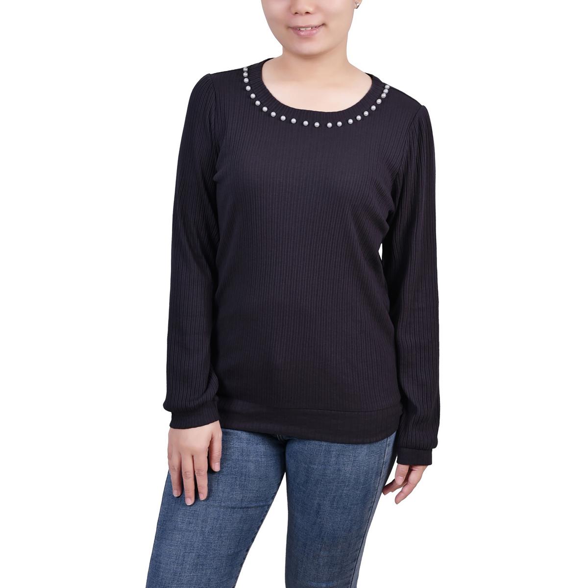 Petites Womens Ribbed Pearl Trimmed Pullover Top