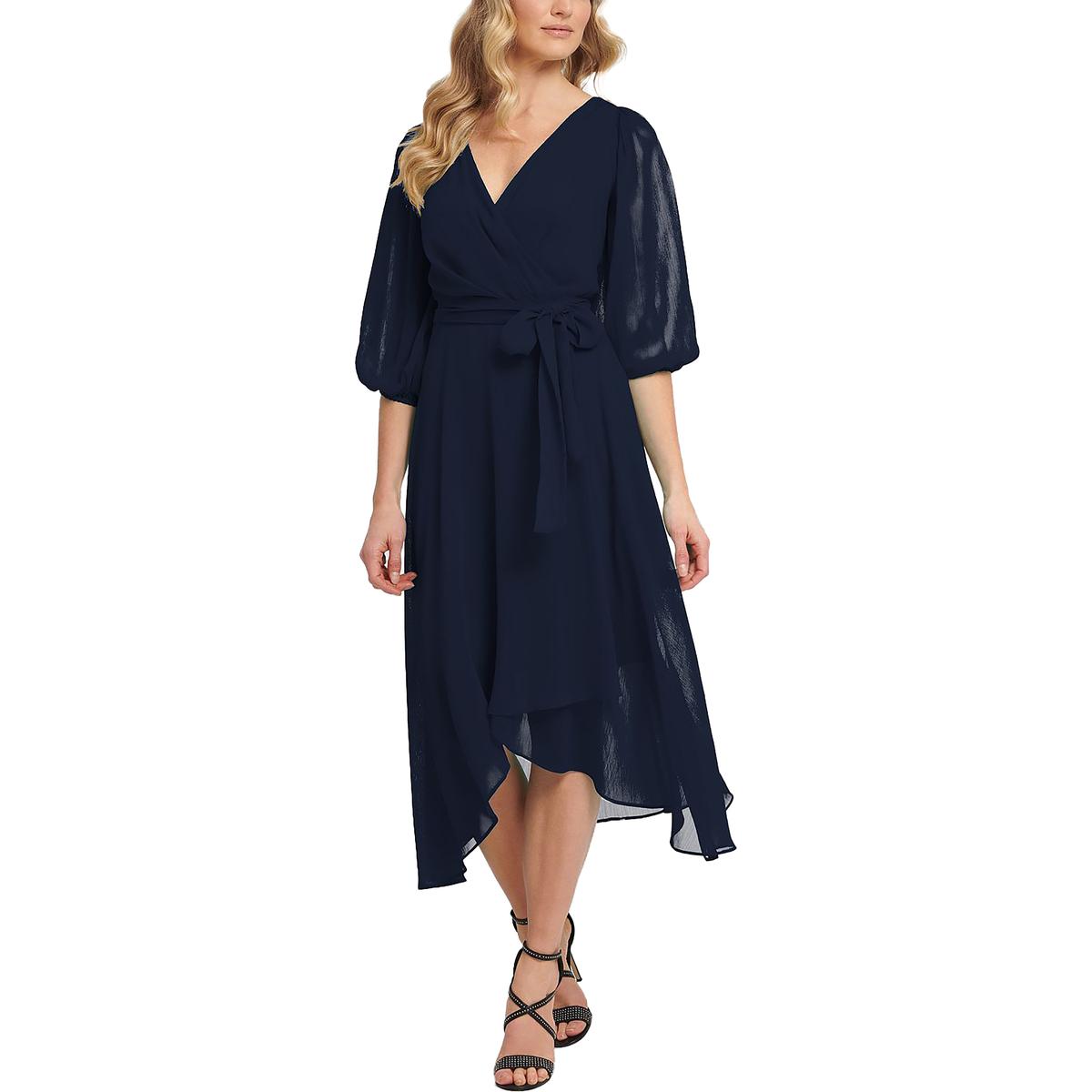 Womens Chiffon Faux Wrap Midi Dress