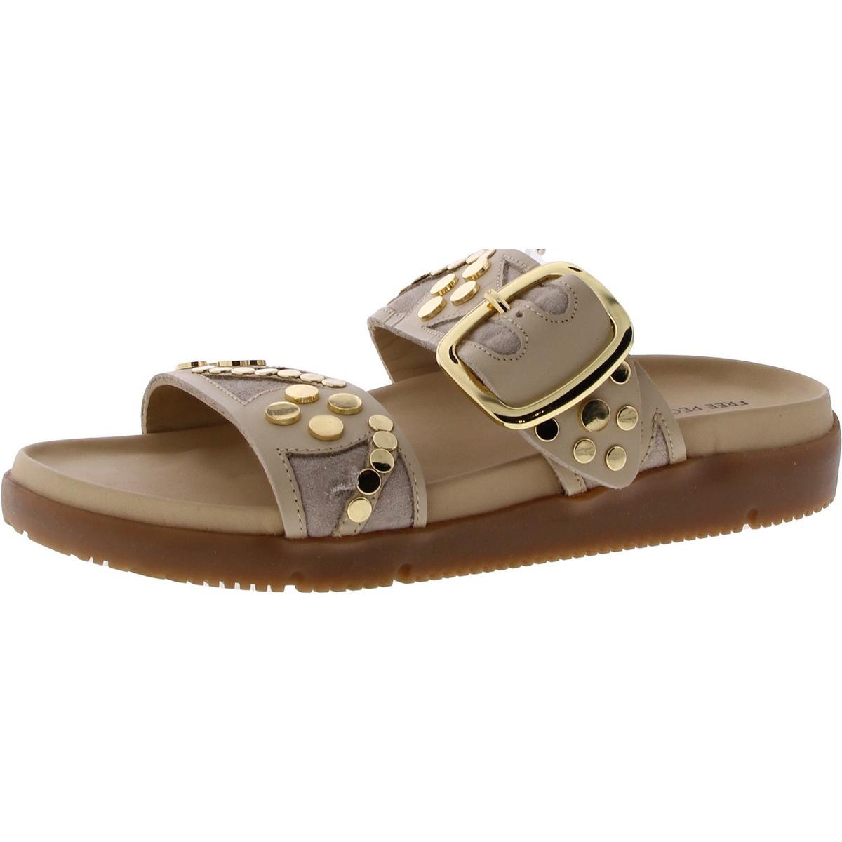 Womens Faux Leather Flat Slide Sandals