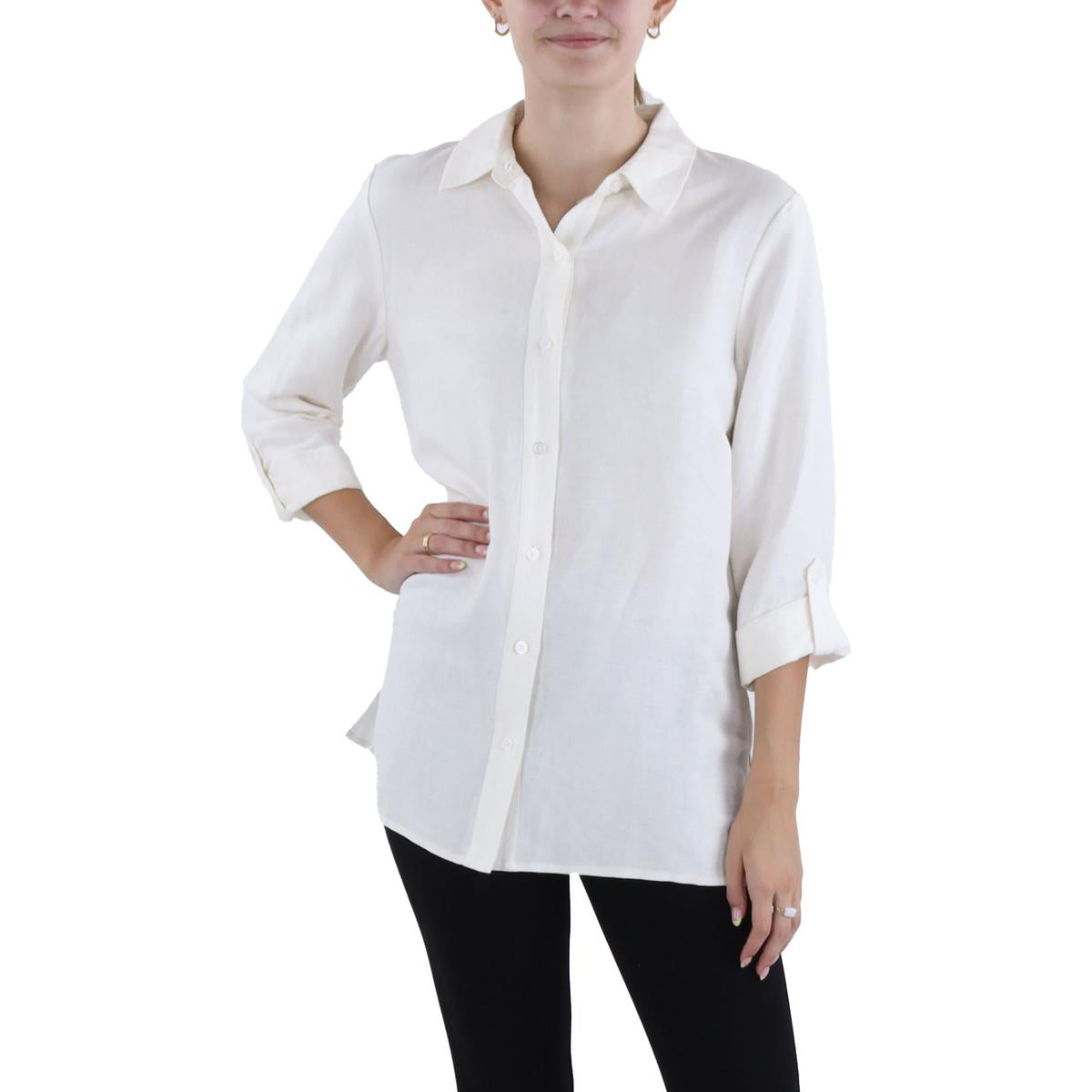 Womens Linen Blend Roll Tab Button-Down Top