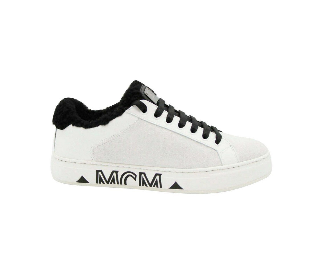 MCM Women's White Milano Suede Black Shearling Low Top Sneaker