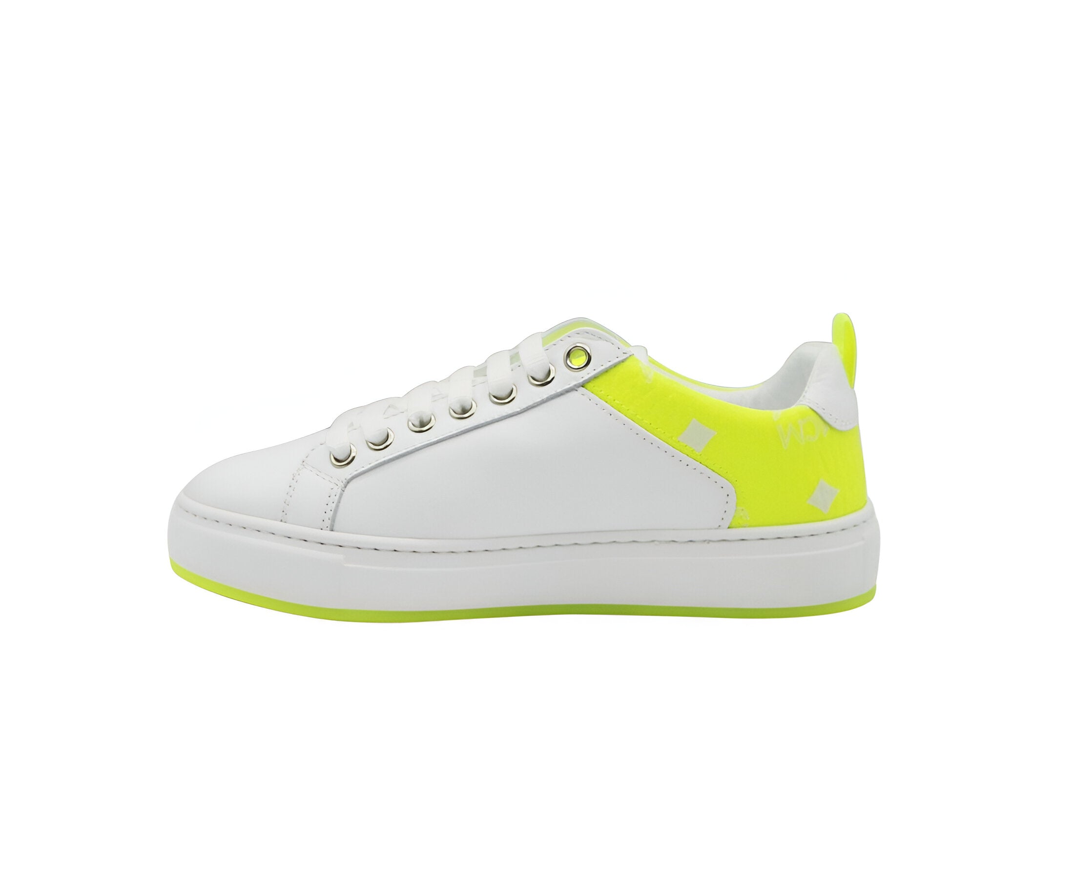 MCM Women's White Leather Neon Green Logo Trim Low Top Sneaker