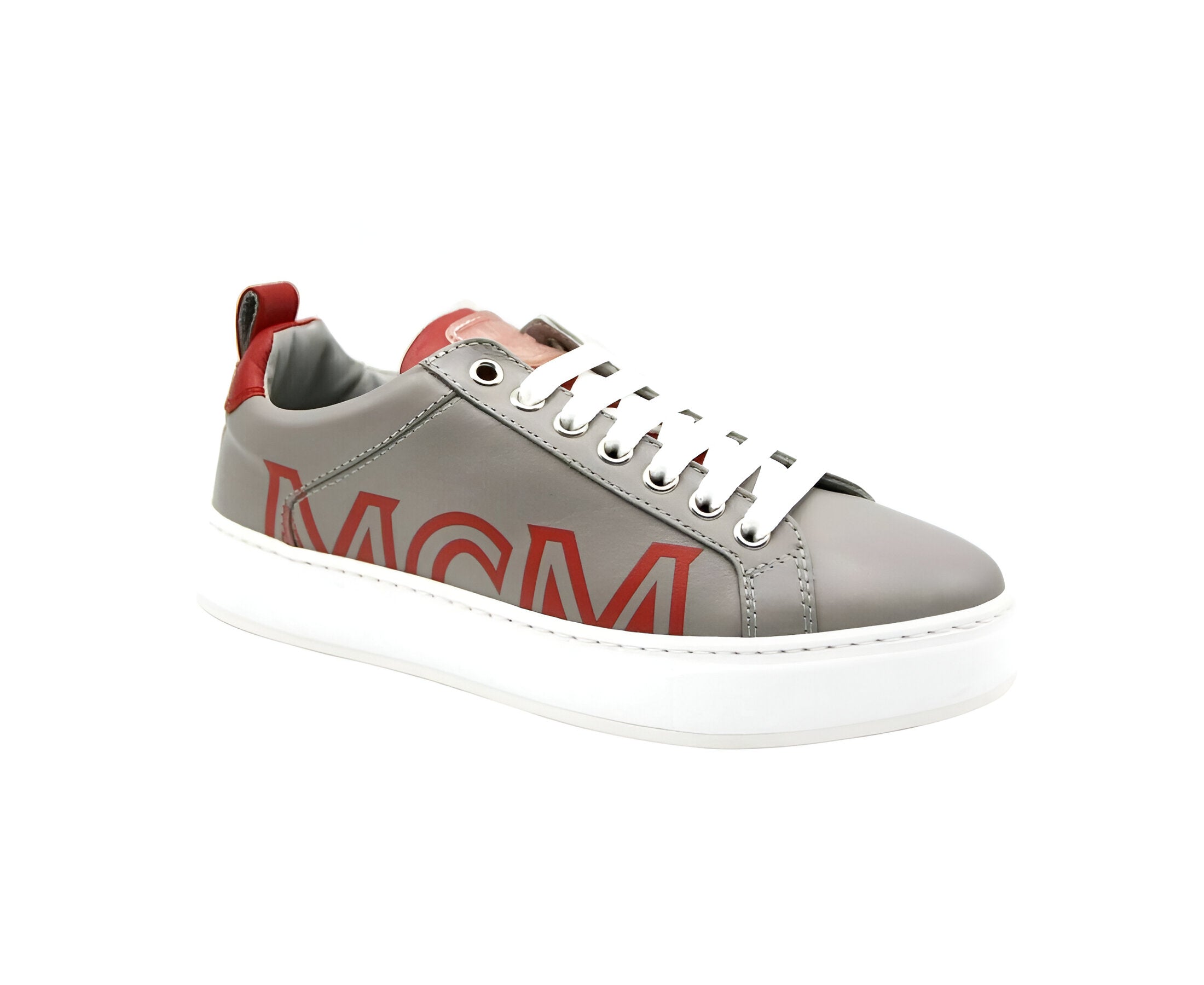 MCM Women's Grey Leather With Red Trim And Logo Low Top Sneaker