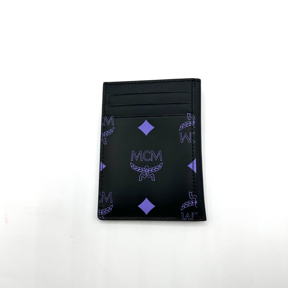 MCM Women's Black Leather Card Holder in Purple Color Splash Logo