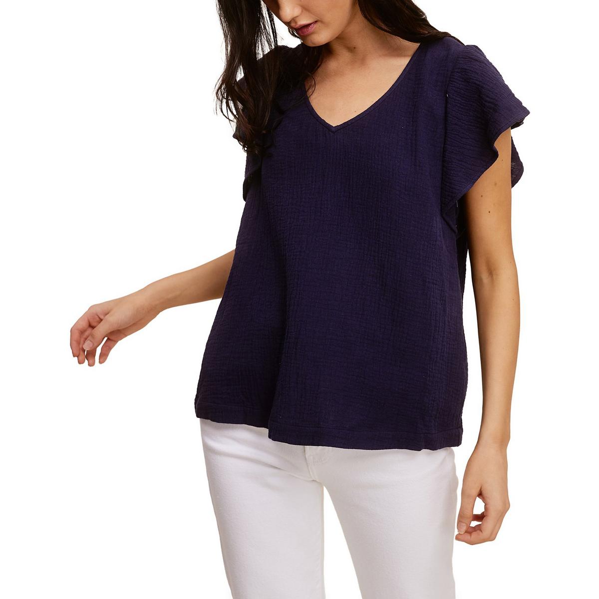 Womens Cotton Gauze Ruffled Pullover Top