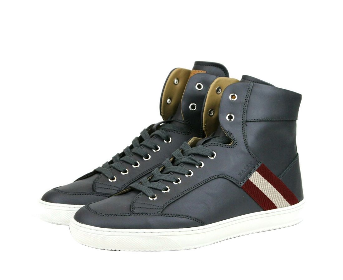 Bally Dark Grey Calf Leather Hi Top Sneaker With Red Men's Beige4