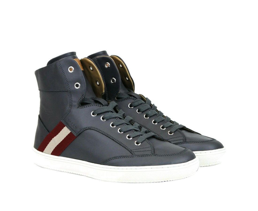 Bally Dark Grey Calf Leather Hi Top Sneaker With Red Men's Beige12