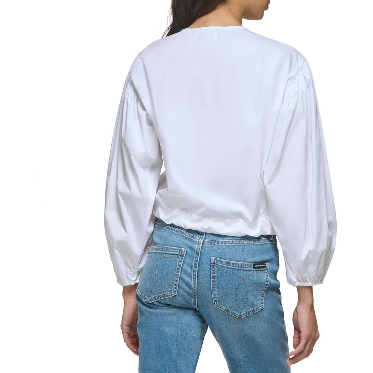 Womens Waist Tie Puff Sleeve Button-Down Top