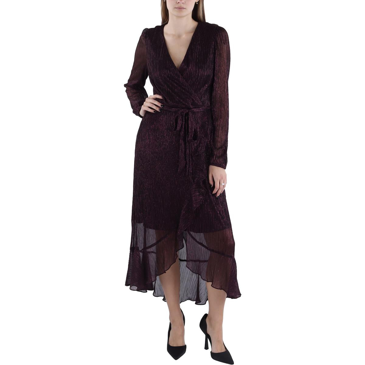 Womens Metallic Surplice Midi Dress