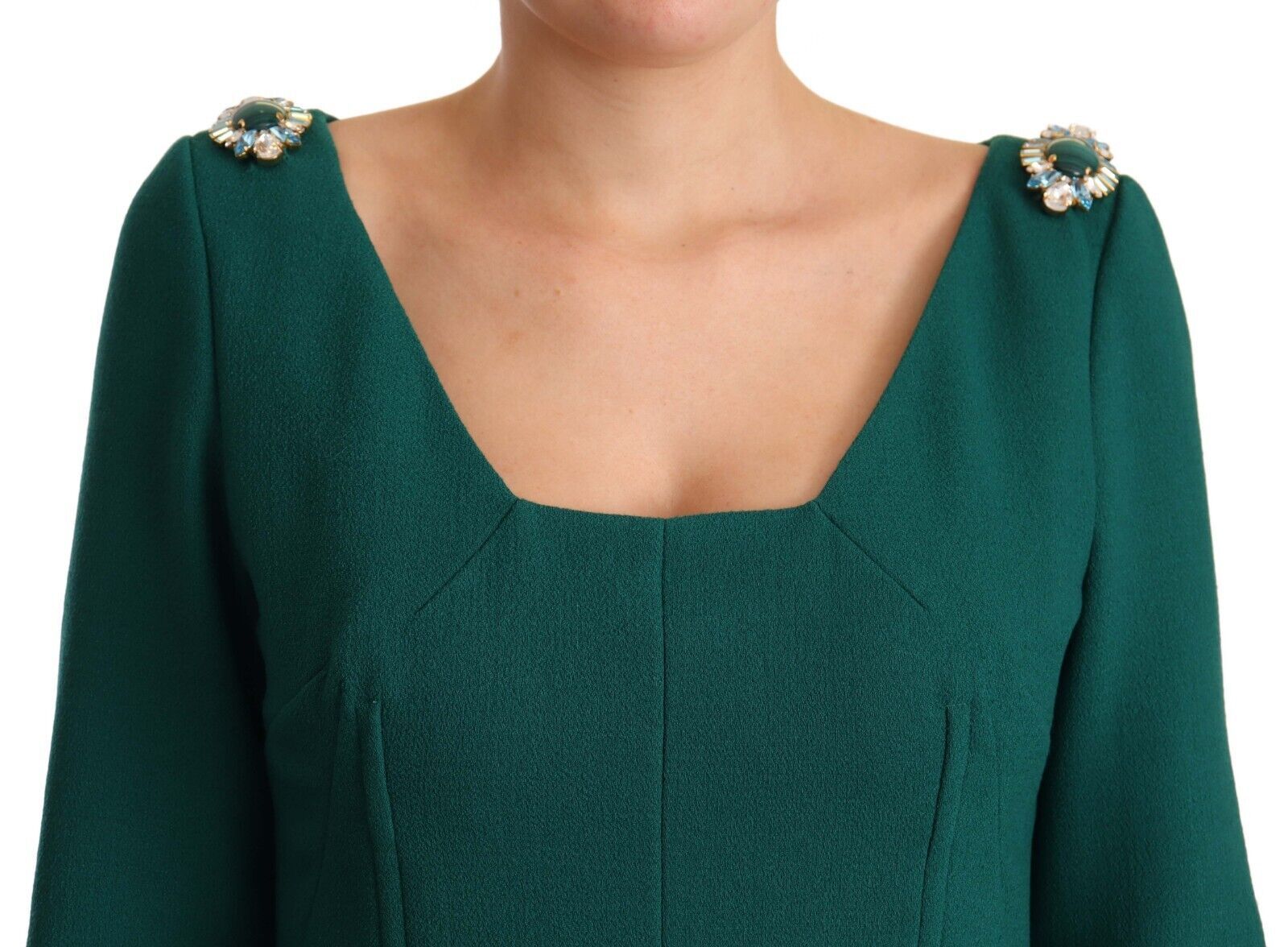 Dolce & Gabbana Emerald Green Midi Sheath Dress with Crystal Women's Brooch