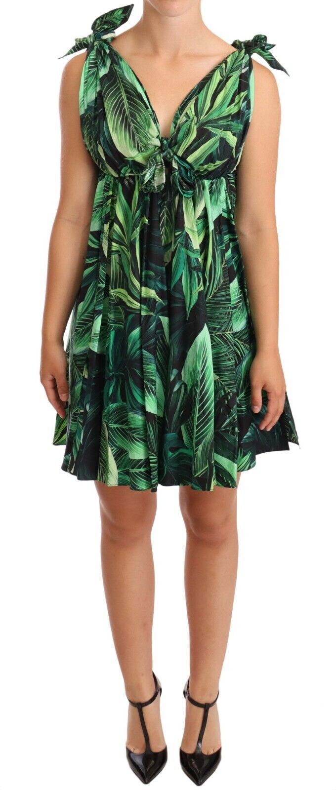 Dolce & Gabbana Elegant Flared Mini A-Line Dress in Green Leaf Women's Print2