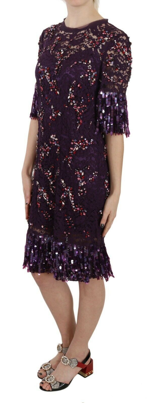 Dolce & Gabbana Elegant Purple Floral Lace Crystal Women's Dress