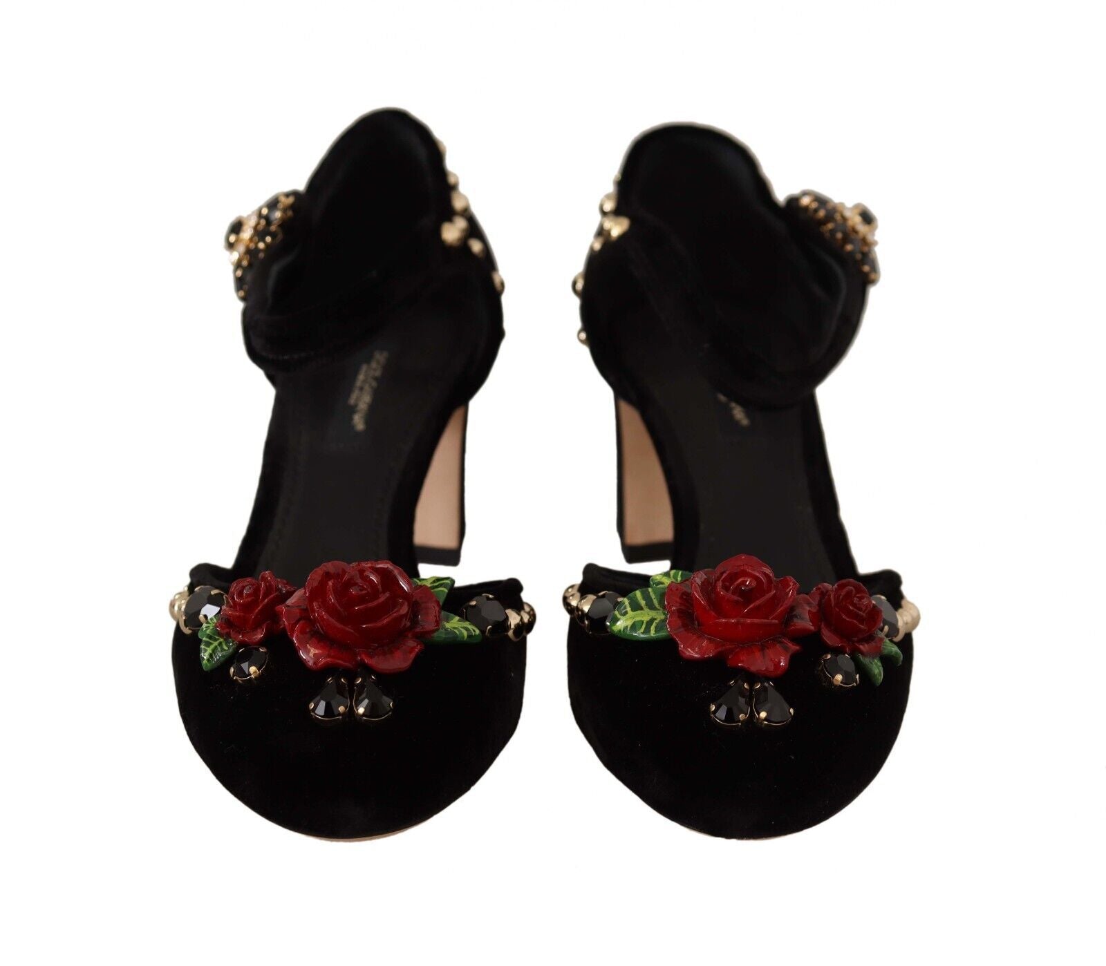 Dolce & Gabbana Black Crystal Rose Heel Women's Sandals