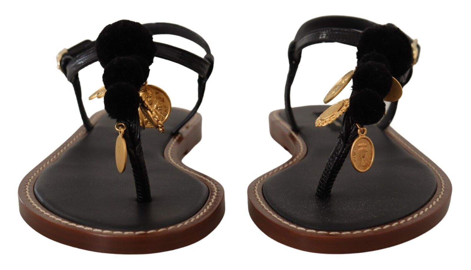 Dolce & Gabbana Chic Leather Ankle Strap Flats with Gold Women's Detailing