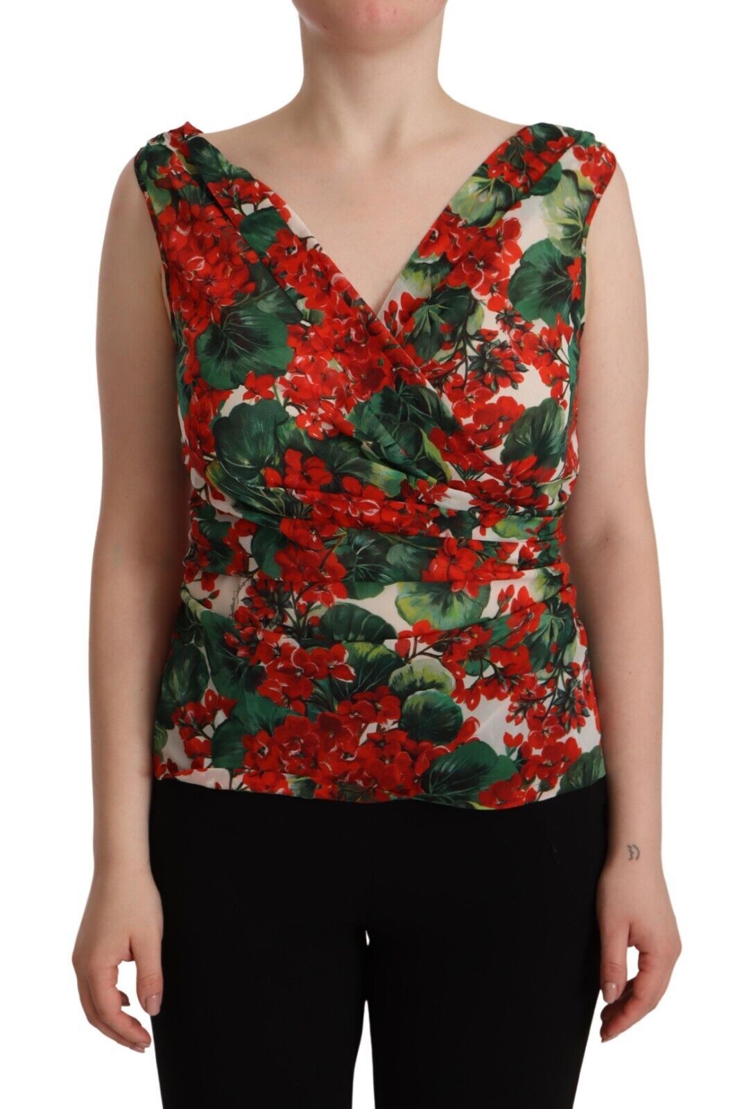 Dolce & Gabbana Elegant V-Neck Geranium Print Silk Tank Women's Top