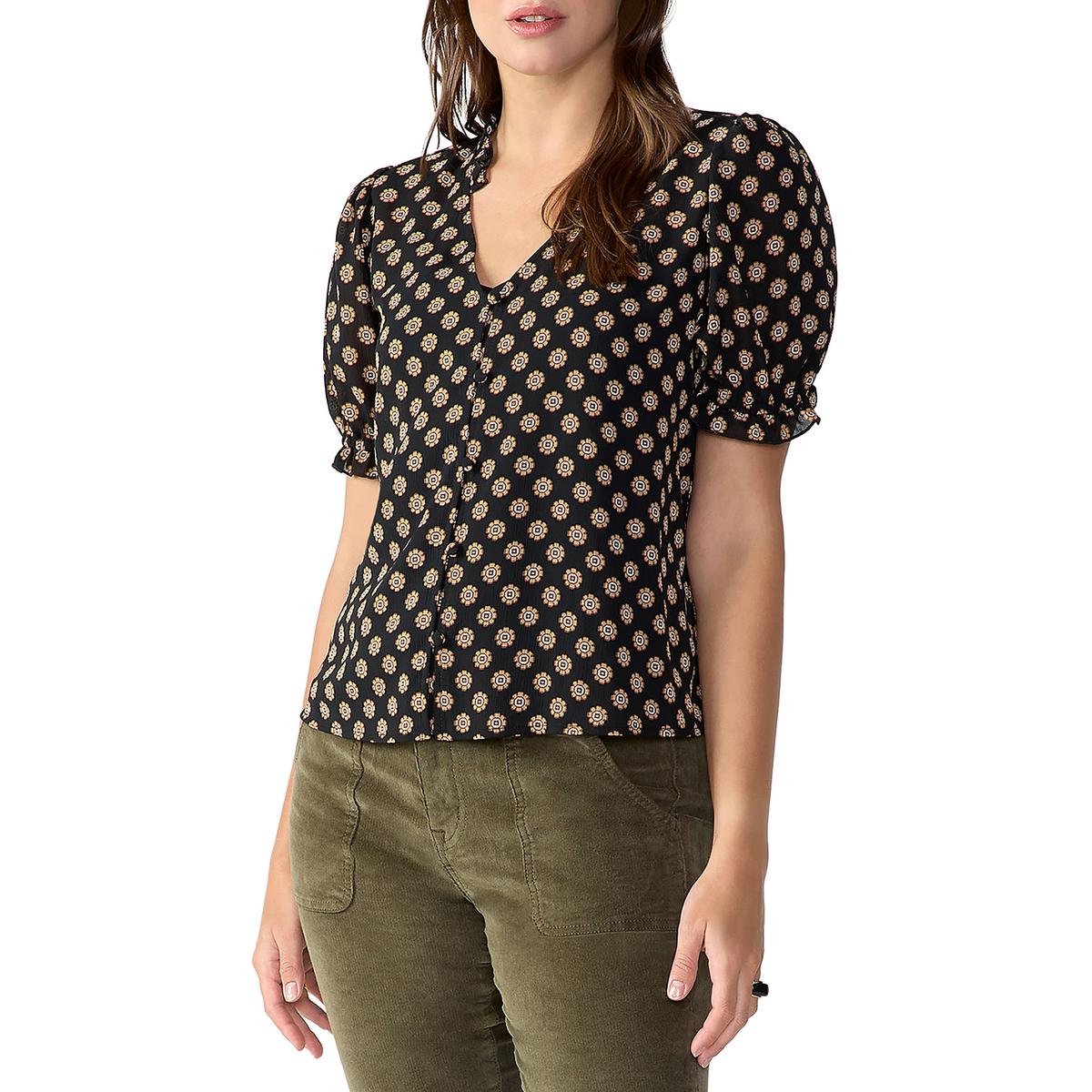 Fall Into You Womens Ruffled V Neck Button-Down Top