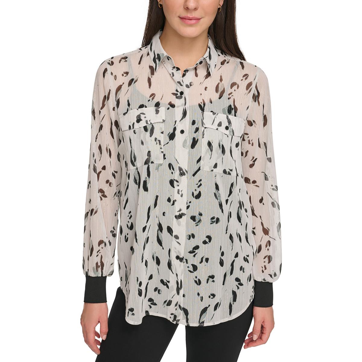 Womens Animal Print Metallic Button-Down Top