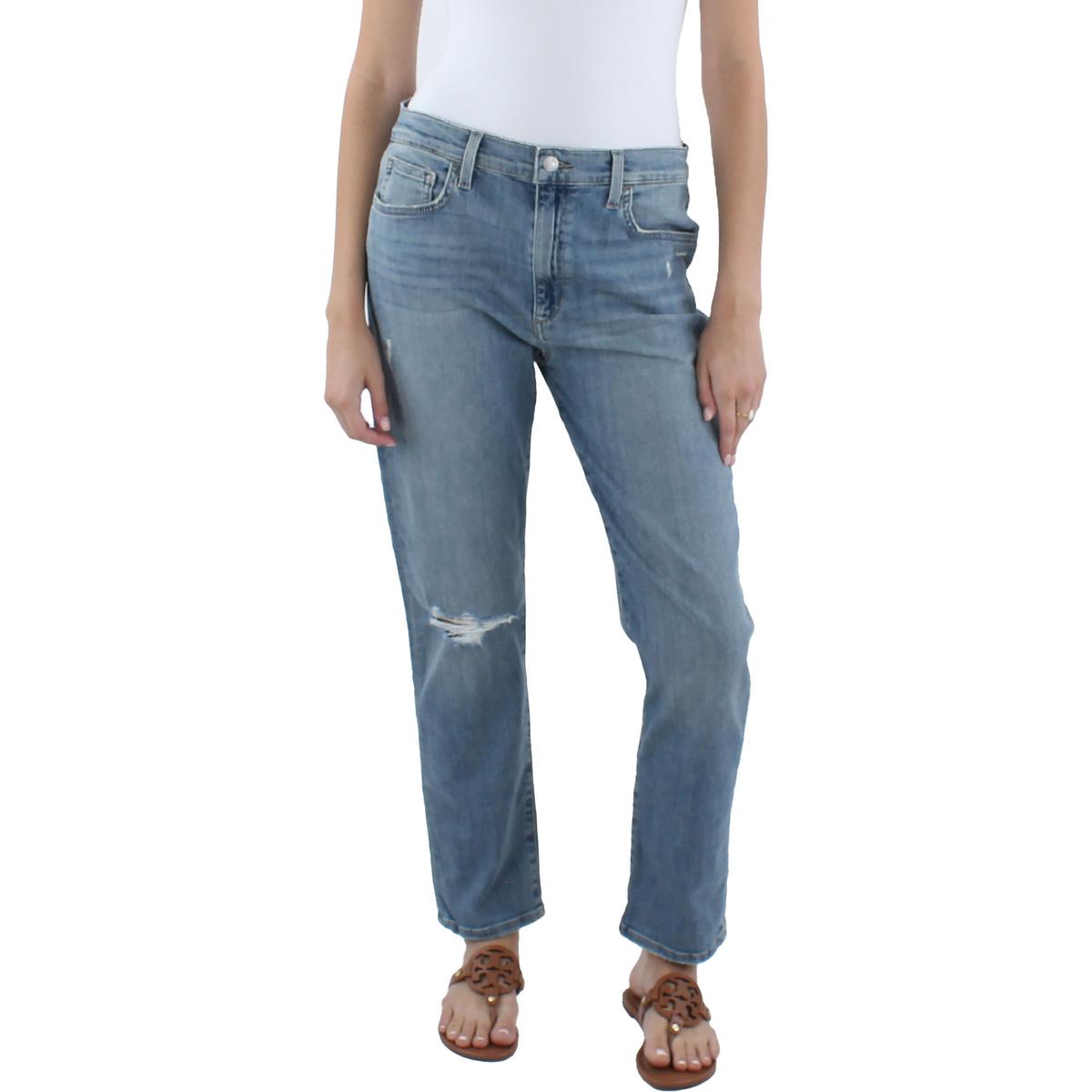 Womens High-Rise Distressed Straight Leg Jeans