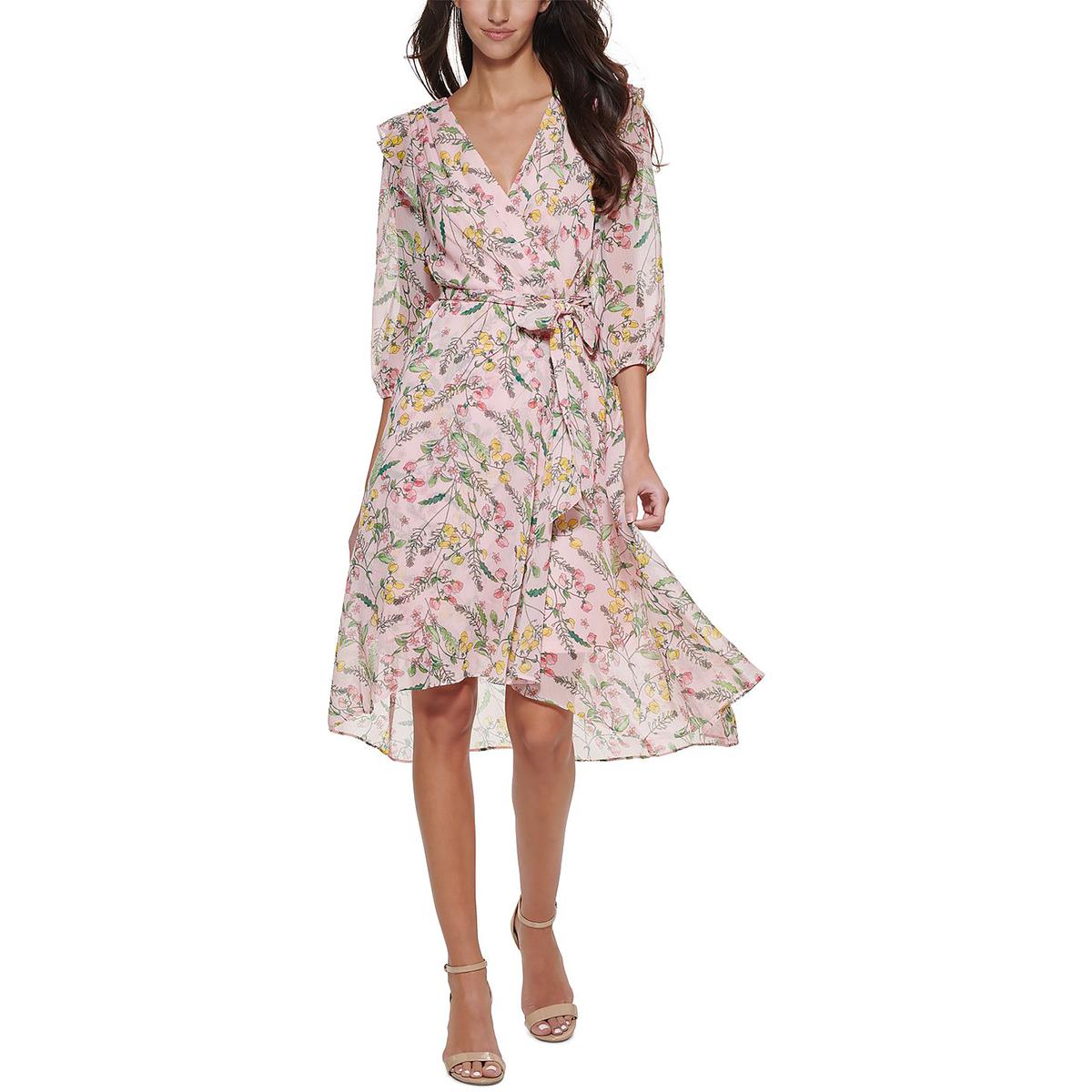 Womens Chiffon Faux-Wrap Midi Dress