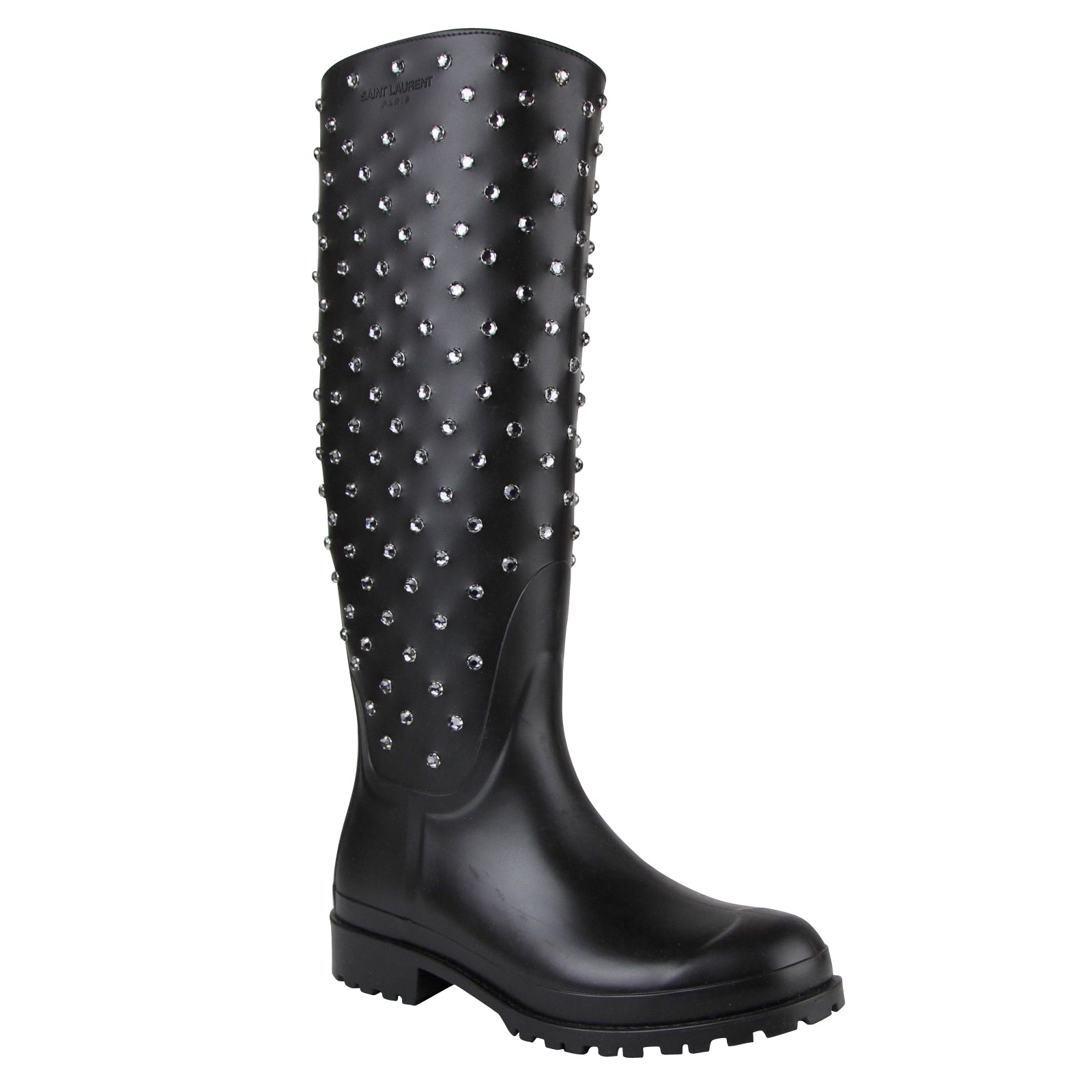 Saint Laurent Women's Black Rubber Women Rain Boots With Crystal Studs (36 EU / 6 US)