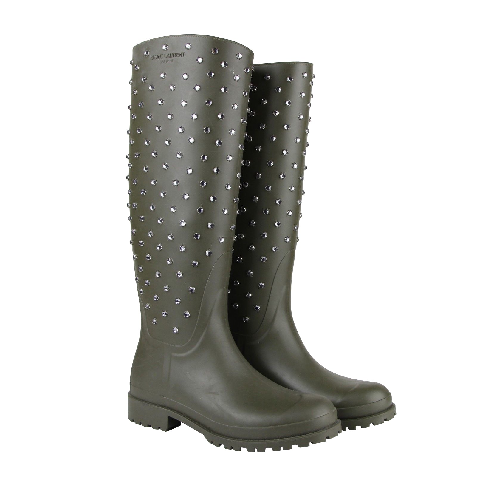 Saint Laurent Women's Diamond Studs Olive Green Rubber Rain Boots(36 EU / 6 US)