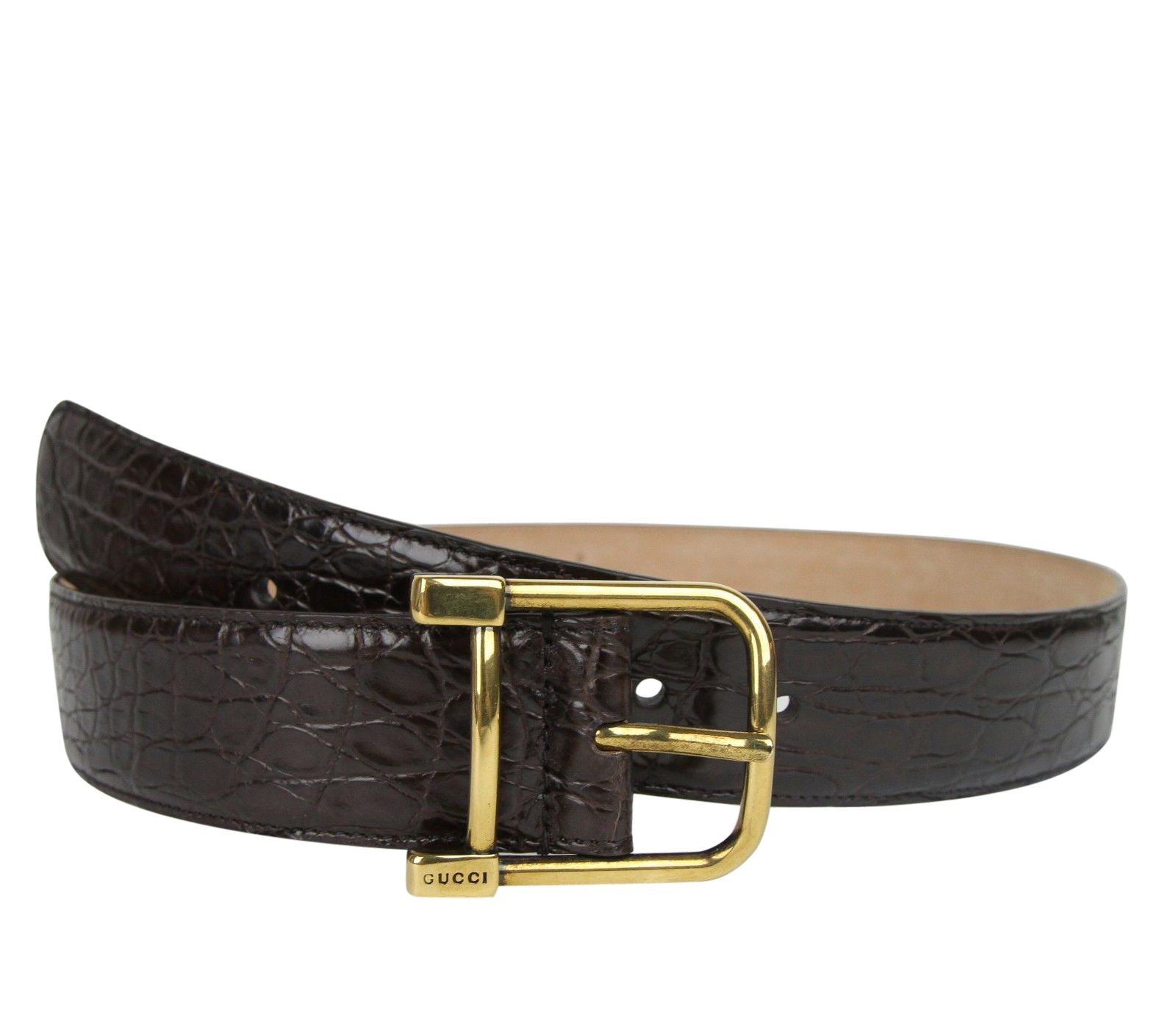 Gucci Women's Gold Square Buckle Dark Brown Crocodile Belt 257319 E7I0T 21401