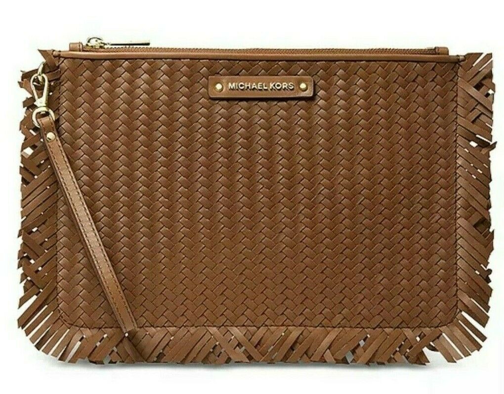 Michael Kors Jet Set Woven Leather Large Zip Pouch Clutch Wristlet&Gift Box6