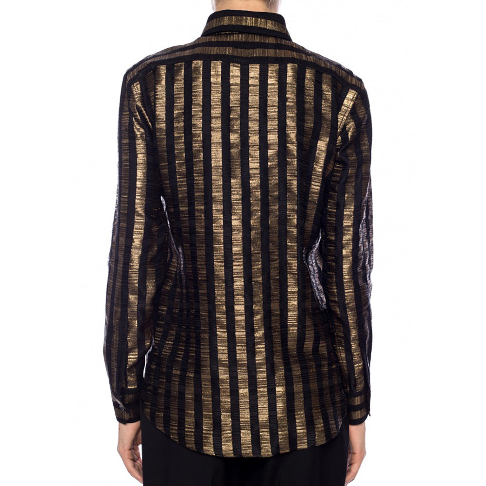 Saint Laurent Women's Silk Striped Dress Shirt Black Gold3