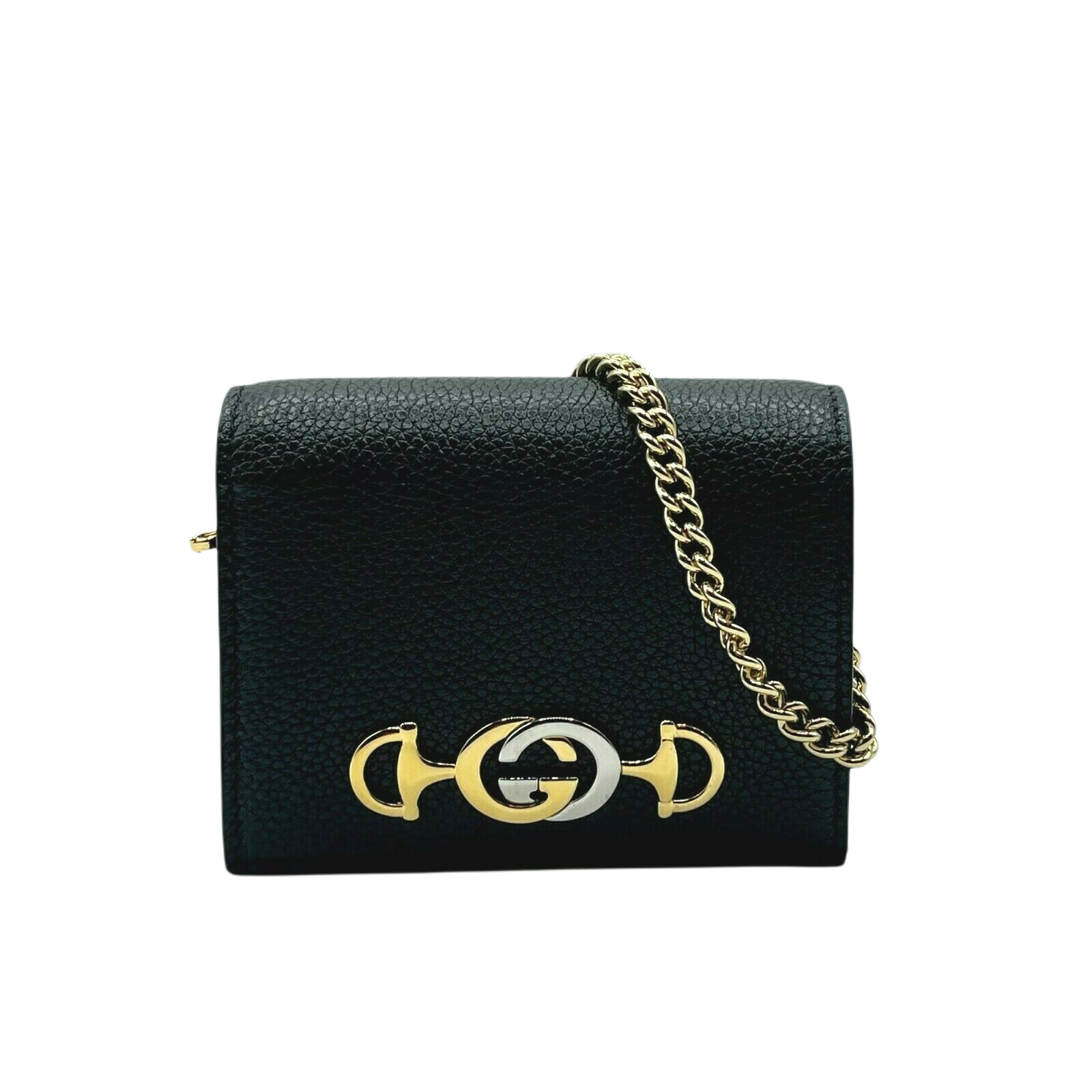 Gucci Zumi Women's Black Leather Gold Chain Bi-Fold Mini Wallet GG Logo 570660 10001